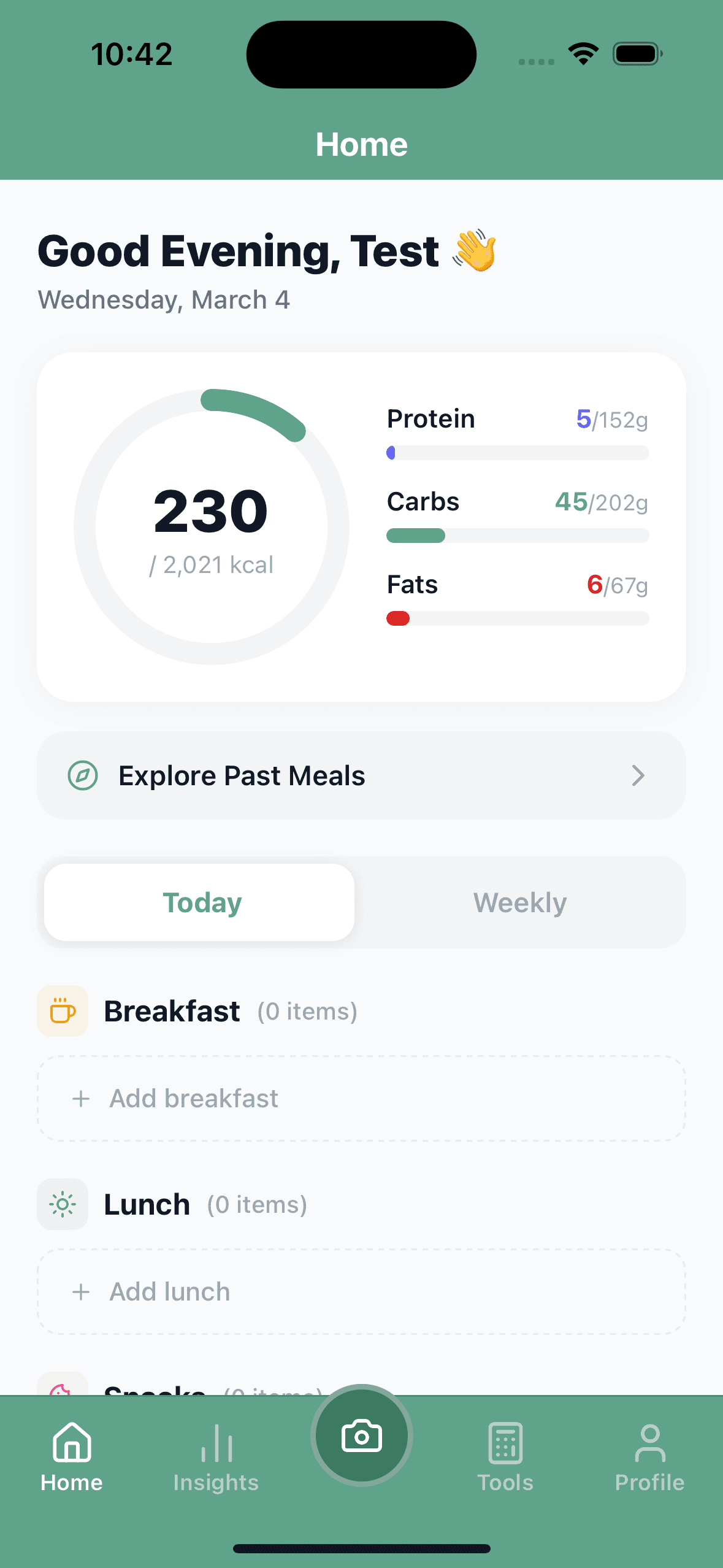 ViteSnap home dashboard ViteSnap home dashboard for tracking meals and nutrition