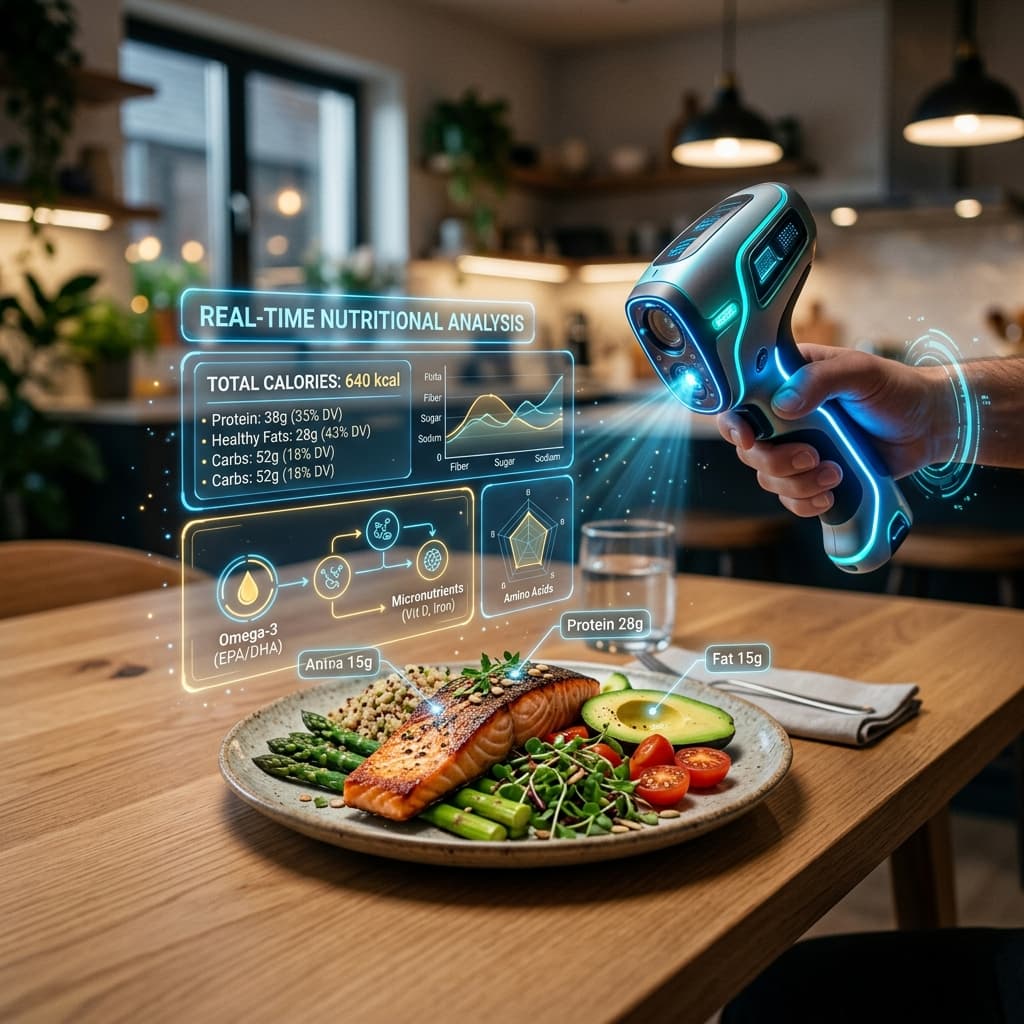 Futuristic glowing AI scanner analyzing food