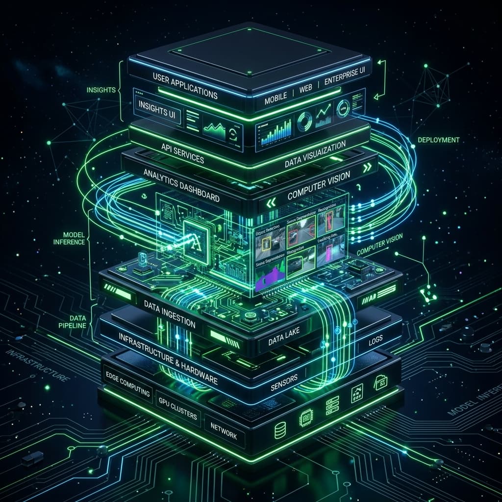 Futuristic layered technology stack abstract visualization